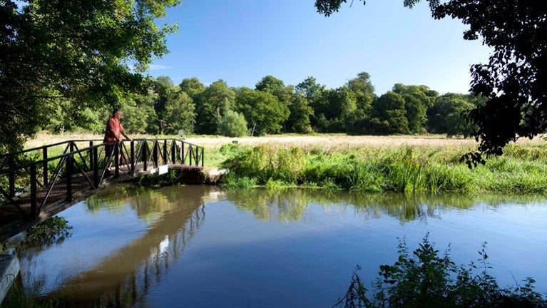 Man standing on the footbridge over the River Wey near Bowers Lock
